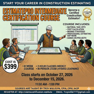 Beginner learning property damage estimating on a laptop using estimating software while reviewing training materials and claim documentation.