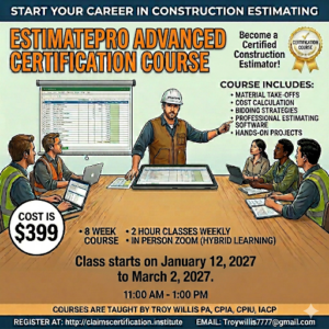 Beginner learning property damage estimating on a laptop using estimating software while reviewing training materials and claim documentation.