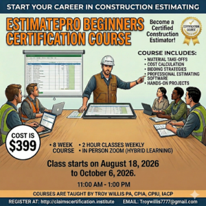 Beginner learning property damage estimating on a laptop using estimating software while reviewing training materials and claim documentation.