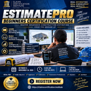 EstimatePro Beginners Certification Course by Claims Certification Institute, an 8-week live Zoom insurance construction estimating course running October 6 through November 24, 2026, from 11:00 AM to 1:00 PM PST. Training includes Xactimate estimating, material take-offs, cost calculations, bidding strategies, and hands-on estimating projects.