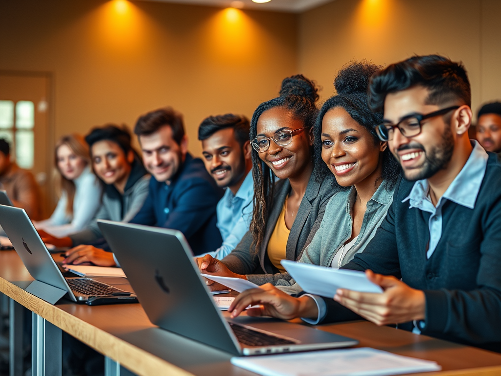 Group of professionals attending a certification course, engaged in learning with laptops, notepads, and instructor-led presentation.