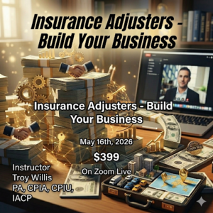 Professional promotional graphic for the course “Insurance Adjusters – Build Your Business,” highlighting key topics including marketing strategies, Total Quality Management, business growth systems, and investment strategies for insurance adjusters.