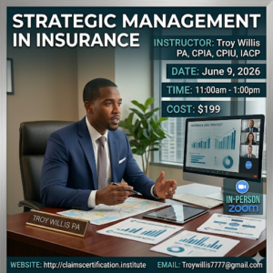 Promotional graphic for a 2-hour course titled “Strategic Management in Insurance,” focused on teaching strategic approaches to managing and closing insurance claims efficiently and effectively.