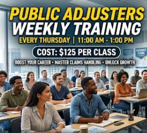Promotional graphic for a Public Adjuster Training course highlighting key skills including claim management, claim negotiation, Total Quality Management, real-time claim training, understanding industry reports, and strategies for pushing back against insurance carriers.