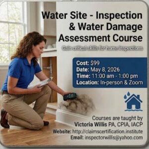 Professional inspecting water-damaged property using moisture meter and documenting damage during a live insurance training course.